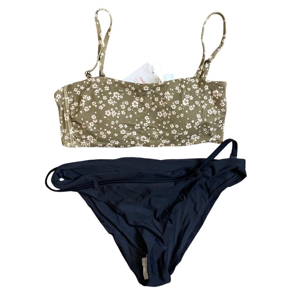 Andie Swim Floral Olive Bora Bora Top & Riviera Bikini Bottom, Black, Large 150$